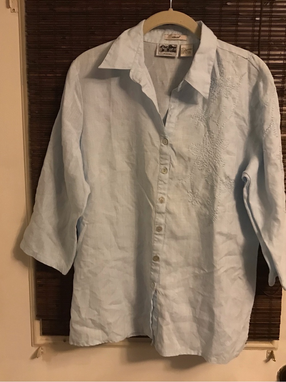 Edward 100% Irish Linen Blue Embroidered Button Down Shirt Womens